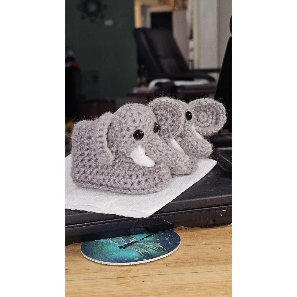 Handmade Crochet Elephant Baby Booties, Felt Lined Newborn Slippers (0-3 Months)